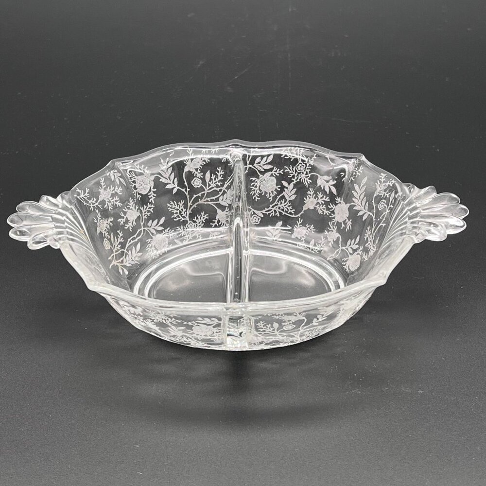 Vintage Fostoria Baroque Navarre Etched Glass Divided Serving Dish Floral Design - Picture 3 of 15